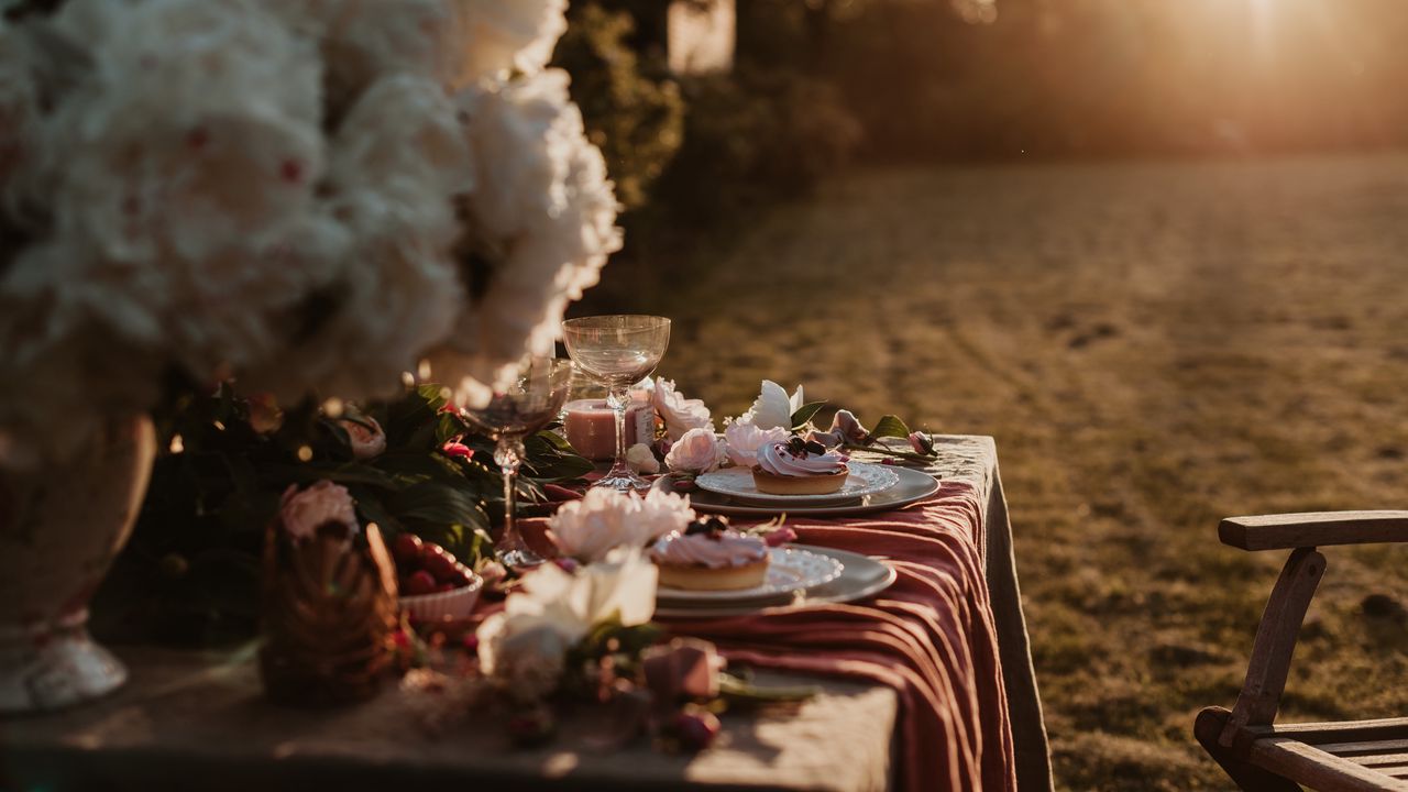 Wallpaper table, dishes, table setting, flowers, dessert
