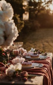 Preview wallpaper table, dishes, table setting, flowers, dessert