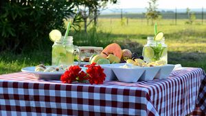 Preview wallpaper table, fruit, plates, picnic, nature