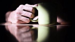 Preview wallpaper table, hand, cup, surface, reflection