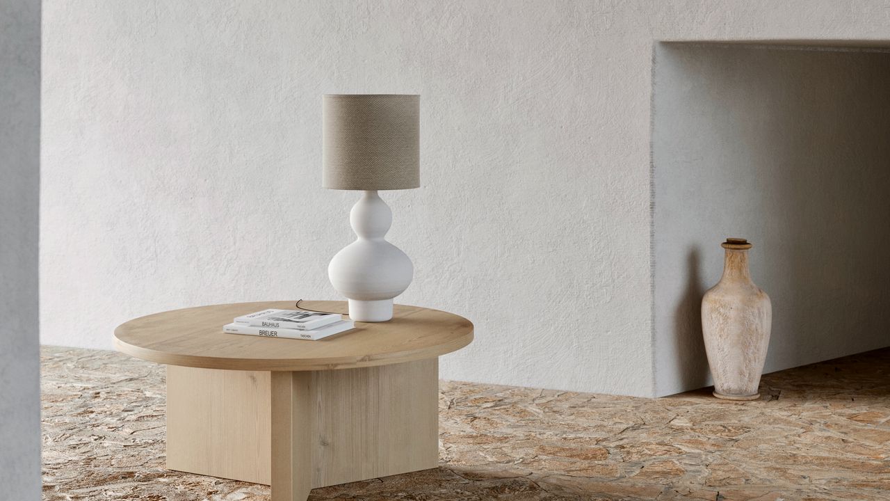Wallpaper table, lamp, interior, minimalism