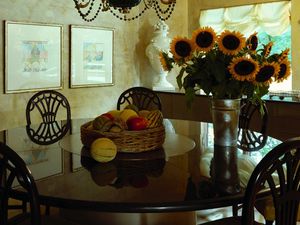Preview wallpaper table, still life, fruit, imitation, flowers, bouquets, sunflowers
