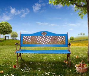 Preview wallpaper tale, bench, field, tree, basket, apples, chamomile