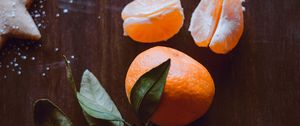 Preview wallpaper tangerine, fruit, slices, leaves, citrus