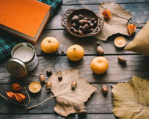 Preview wallpaper tangerines, acorns, leaves, chestnuts, autumn