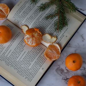 Preview wallpaper tangerines, book, fruit, citrus, orange
