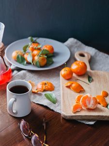 Preview wallpaper tangerines, citrus, fruit, cup, tea