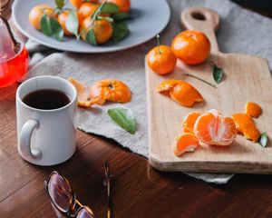 Preview wallpaper tangerines, citrus, fruit, cup, tea