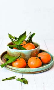 Preview wallpaper tangerines, fruits, citrus, leaves, plates