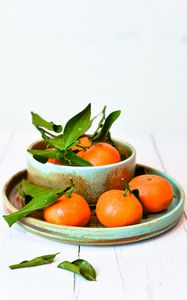 Preview wallpaper tangerines, fruits, citrus, leaves, plates