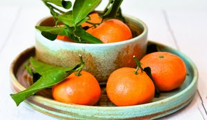 Preview wallpaper tangerines, fruits, citrus, leaves, plates