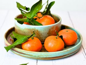 Preview wallpaper tangerines, fruits, citrus, leaves, plates