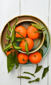 Preview wallpaper tangerines, fruits, leaves, plates