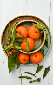 Preview wallpaper tangerines, fruits, leaves, plates