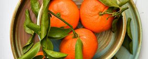 Preview wallpaper tangerines, fruits, leaves, plates