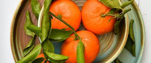 Preview wallpaper tangerines, fruits, leaves, plates