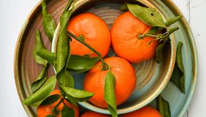 Preview wallpaper tangerines, fruits, leaves, plates