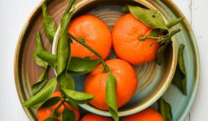 Preview wallpaper tangerines, fruits, leaves, plates