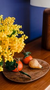 Preview wallpaper tangerines, pear, fruits, mimosa, flowers, bouquet
