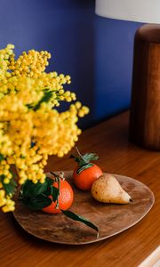 Preview wallpaper tangerines, pear, fruits, mimosa, flowers, bouquet