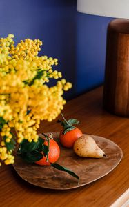 Preview wallpaper tangerines, pear, fruits, mimosa, flowers, bouquet