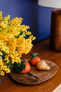 Preview wallpaper tangerines, pear, fruits, mimosa, flowers, bouquet