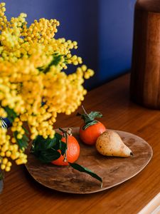 Preview wallpaper tangerines, pear, fruits, mimosa, flowers, bouquet