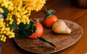 Preview wallpaper tangerines, pear, fruits, mimosa, flowers, bouquet