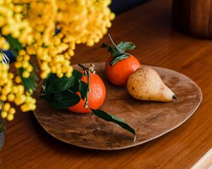 Preview wallpaper tangerines, pear, fruits, mimosa, flowers, bouquet