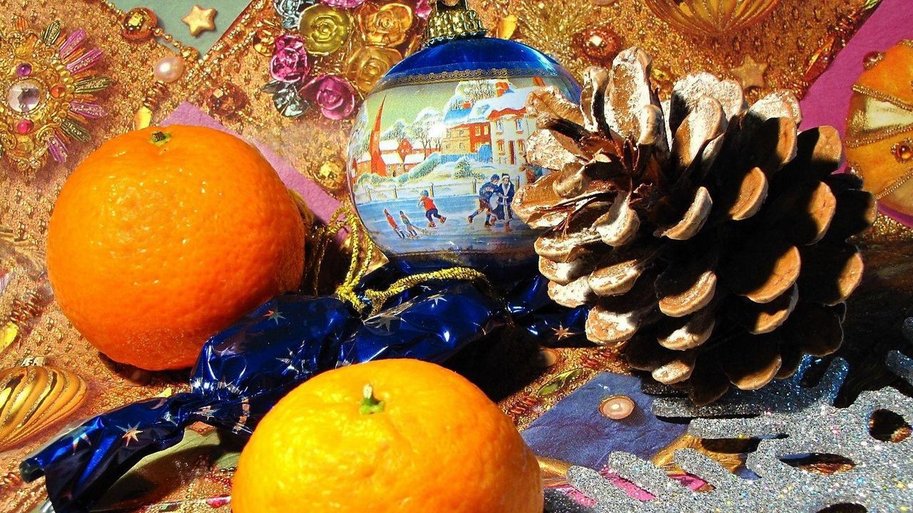 Wallpaper tangerines, tavern, food, christmas toys, ball, celebration, new year, christmas