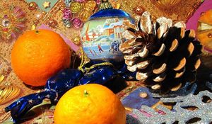 Preview wallpaper tangerines, tavern, food, christmas toys, ball, celebration, new year, christmas