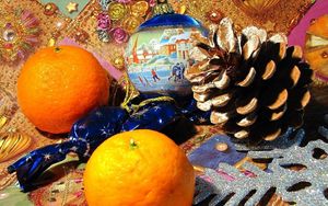 Preview wallpaper tangerines, tavern, food, christmas toys, ball, celebration, new year, christmas