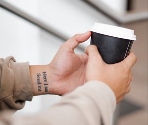 Preview wallpaper tattoo, inscription, hand, wrist, cup