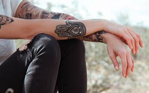 Preview wallpaper tattoos, hands, legs, clothes, style