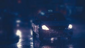 Preview wallpaper taxi, car, night, rain, lights, street