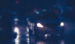 Preview wallpaper taxi, car, night, rain, lights, street