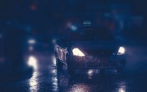 Preview wallpaper taxi, car, night, rain, lights, street