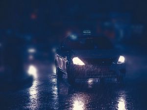 Preview wallpaper taxi, car, night, rain, lights, street