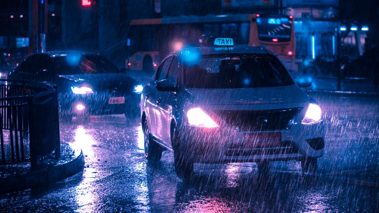 Wallpaper taxi, car, rain, night city, street