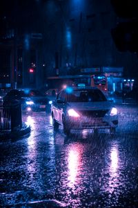 Preview wallpaper taxi, car, rain, night city, street