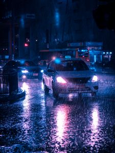 Preview wallpaper taxi, car, rain, night city, street