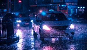 Preview wallpaper taxi, car, rain, night city, street