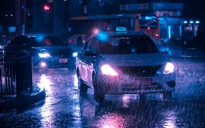 Preview wallpaper taxi, car, rain, night city, street