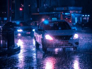 Preview wallpaper taxi, car, rain, night city, street