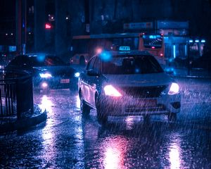 Preview wallpaper taxi, car, rain, night city, street