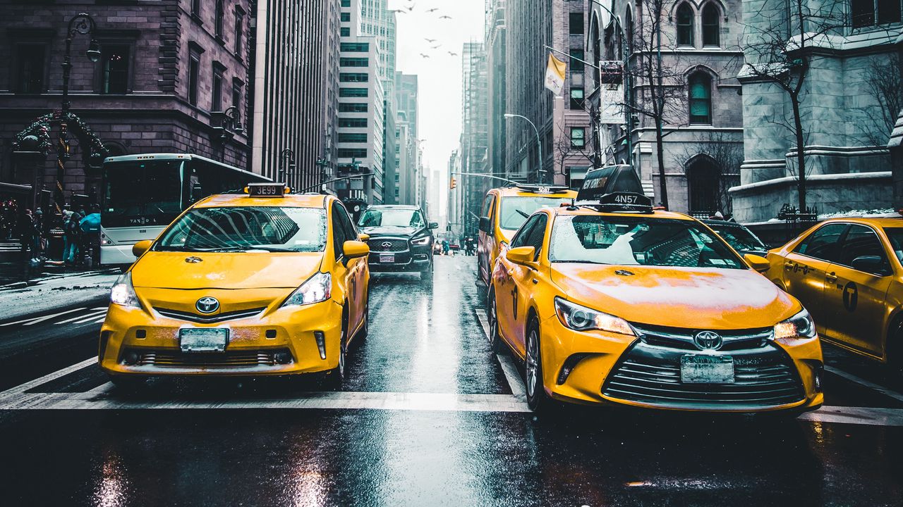 Wallpaper taxi, skyscrapers, city, traffic