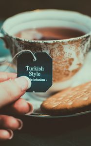 Preview wallpaper tea, biscuit, cup, inscription, turkish tea
