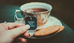 Preview wallpaper tea, biscuit, cup, inscription, turkish tea