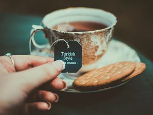 Preview wallpaper tea, biscuit, cup, inscription, turkish tea