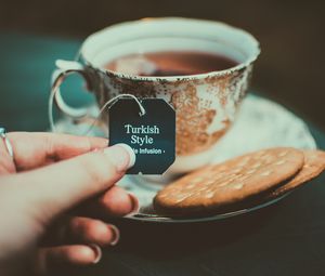 Preview wallpaper tea, biscuit, cup, inscription, turkish tea